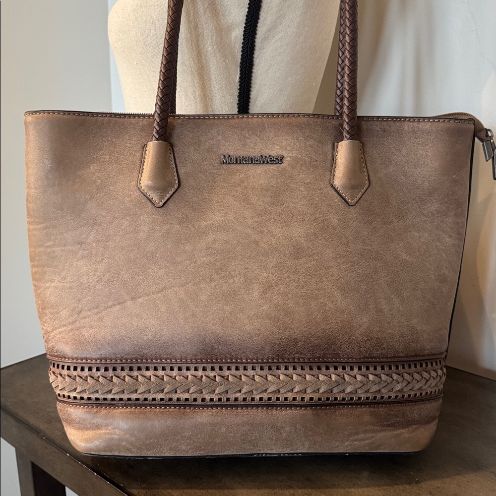 Montana West Pewter Brown Faux Leather Concealed Carry Bag Tote Braided Details - Picture 11 of 15